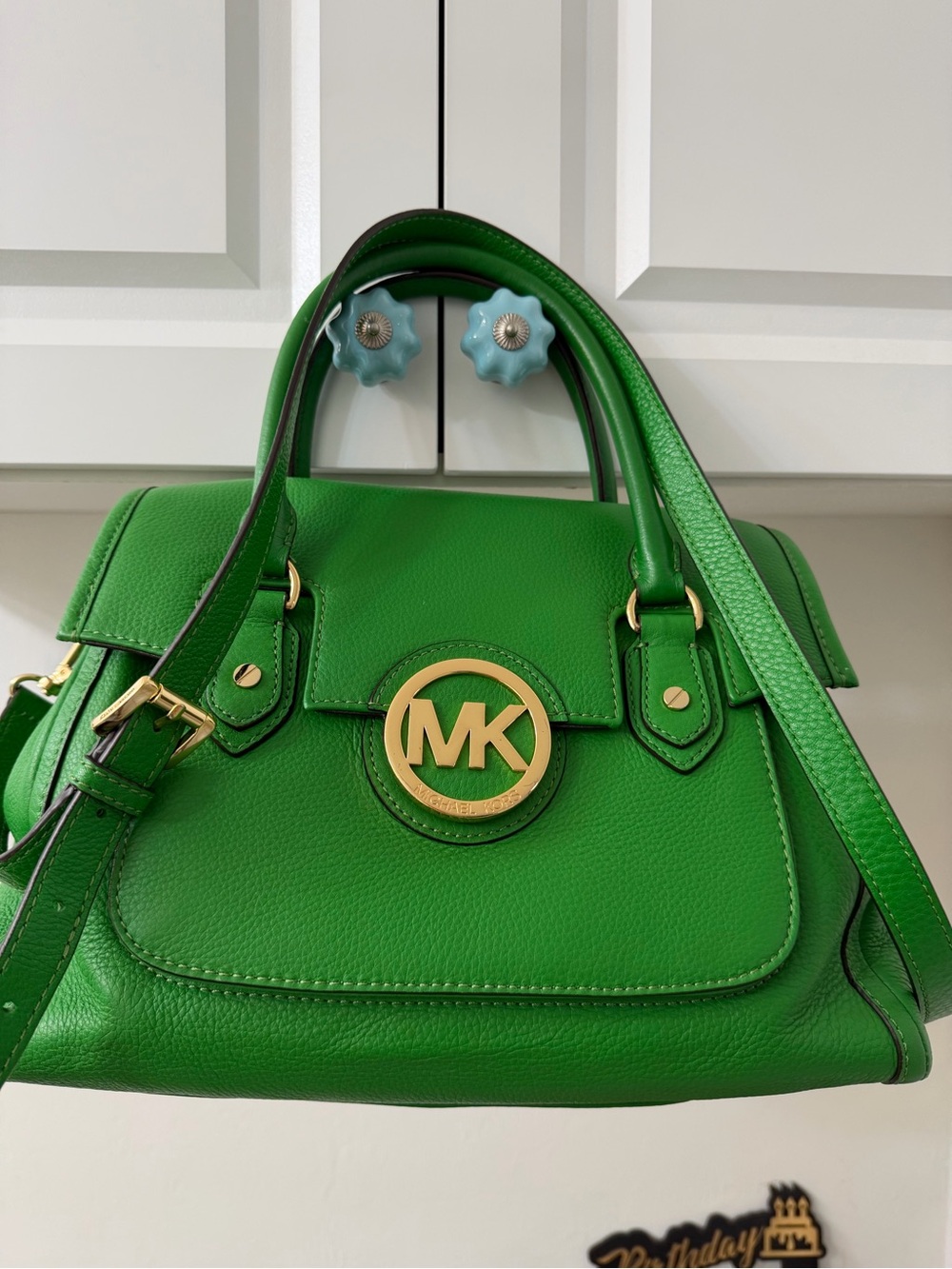 Authentic Michael Kors Bright Green Pebbled Leather Satchel with Gold Hardware